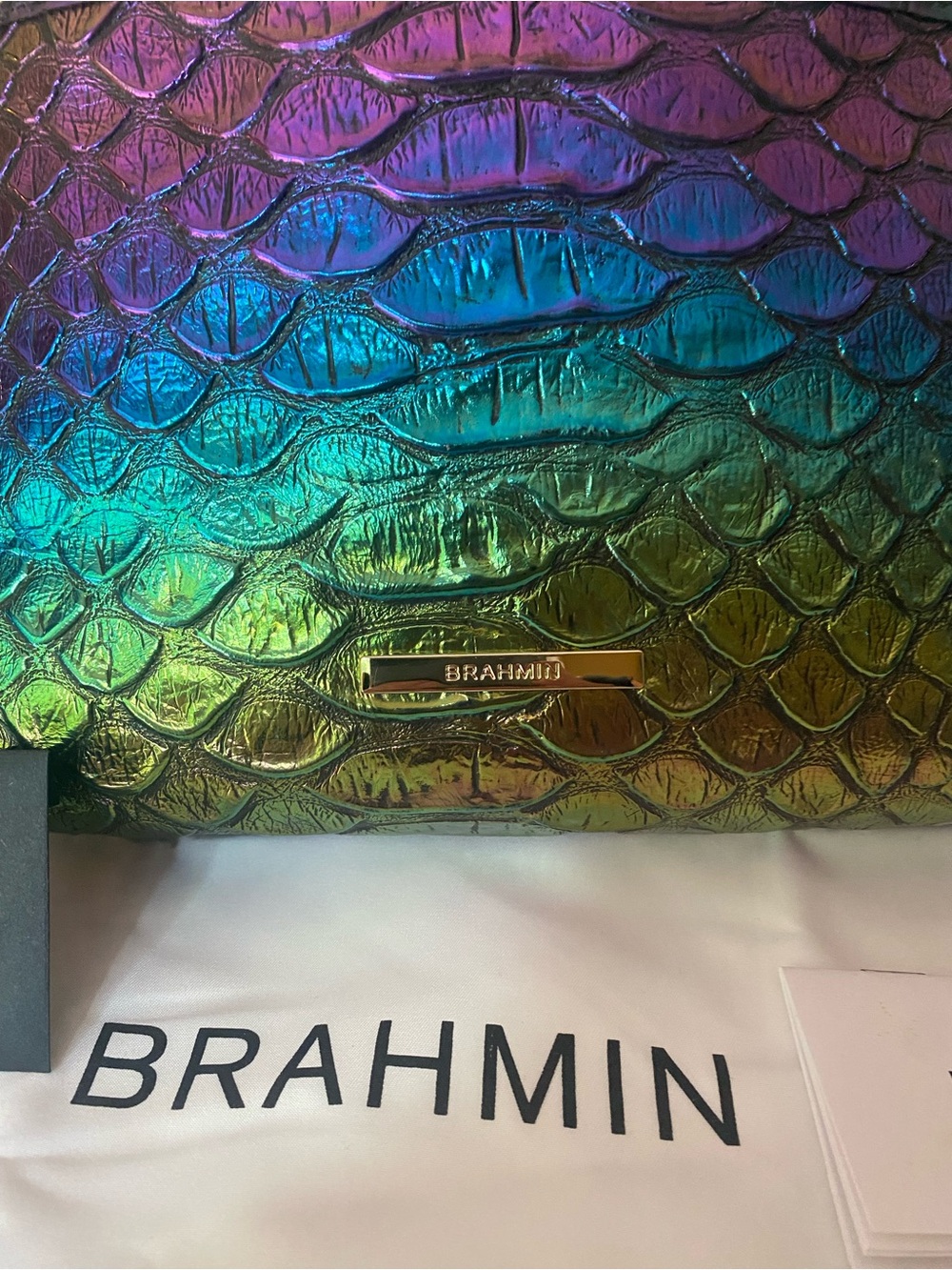 Brahmin Iridescent Embossed Leather Shoulder Bag in Green Blue Purple - Picture 9 of 10